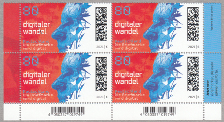 Vierer-Bogenunterteil rechts mit zusätzlicher Werbung, das die neuen Briefmarken nun mehr können, als nur als Porto zu dienen