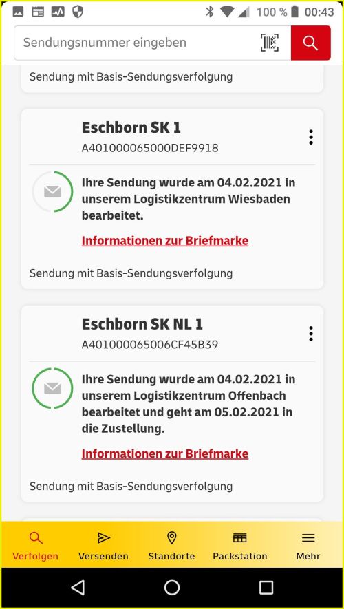 Bildschirmkopie am 5. Februar um 0 Uhr 43 vom Smartphone von zwei Sendungen vom ersten Tag, die über den DMC verfolgt wurden. Oben sieht man eine Sendungsmeldung für eine Sendung, die einen weiteren Weg hat, unten die Sendung ist zu diesem Zeitpunkt schon im BZ Offenbach angekommen Bildschirmkopie am 5. Februar um 0 Uhr 43 vom Smartphone von zwei Sendungen vom ersten Tag, die über den DMC verfolgt wurden. Oben sieht man eine Sendungsmeldung für eine Sendung, die einen weiteren Weg hat, unten die Sendung ist zu diesem Zeitpunkt schon im BZ Offenbach angekommen