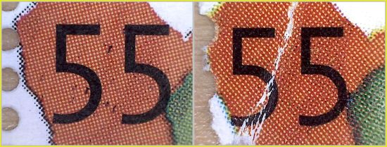 Bildausschnitt der Wertstufe 55 Cent mit dem roten Hintergrund, der deutlich die andere Rasterung von Magenta zeigt – links das Original, rechts die Fälschung