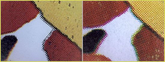 Bildausschnitt eines weißen Flecks – links das Original mit schwarzen Rand, rechts die Fälschung mit der Farbmischung