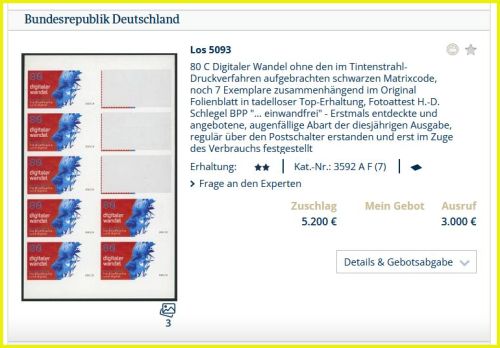 Bildschirmkopie vom Auktionsergebnis der Firma Felzmann für das postfrische Markenset 