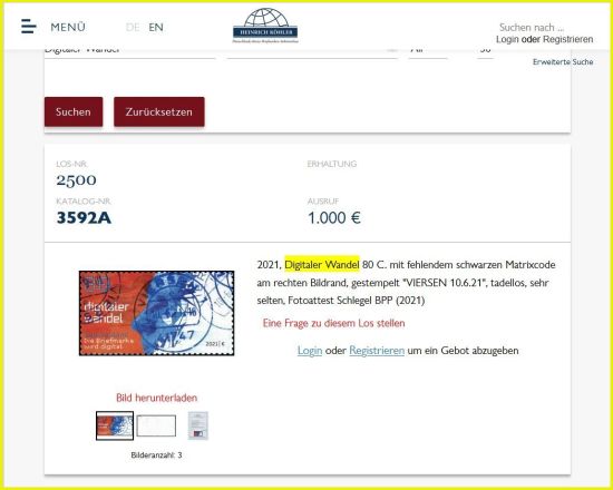 selbstklebende Marke „Digitaler Wandel“, die beim Auktionshaus Heinrich Köhler als erste Marke mit diesem Fehler für 3400 Euro ohne Aufgeld versteigert wurde (Bild von der Webseite des Auktionshauses Heinrich Köhler)