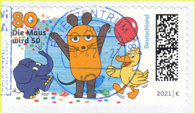Eine der ersten Briefmarken mit Datamatrixcode, hier das Motiv „Die Maus wird 50“ Eine der ersten Briefmarken mit Datamatrixcode, hier das Motiv „Die Maus wird 50“