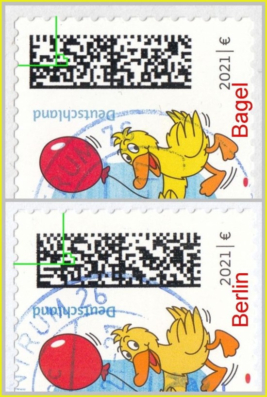 Bildschirmausschnitt vom Datamatrixcode von der Marke mit der Maus – oben die von Bagel, unten die von der Bundesdruckerei, erkennbar an der grün marikerten Stelle (Code-Wort-Feld 18) Bildschirmausschnitt vom Datamatrixcode von der Marke mit der Maus – oben die von Bagel, unten die von der Bundesdruckerei, erkennbar an der grün marikerten Stelle (Code-Wort-Feld 18)