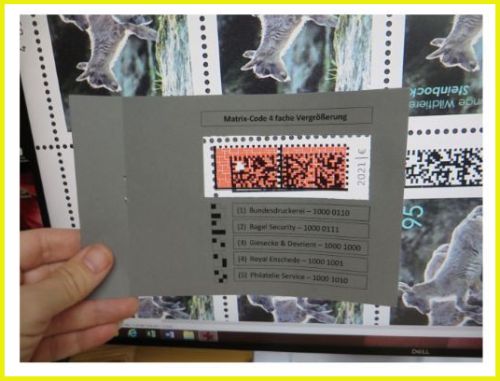 Foto von der Analyse der Druckerei über einen Computerbildschirm, hier am Beispiel der 95 Cent Steinbock im Folienblatt beispielhaft mit einer 4-fach-Schablone dargestellt Foto von der Analyse der Druckerei über einen Computerbildschirm, hier am Beispiel der 95 Cent Steinbock im Folienblatt beispielhaft mit einer 4-fach-Schablone dargestellt