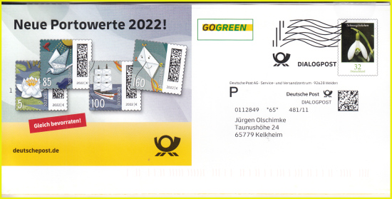 Eine von verschiedenen Dienstganzsachen mit Werbung für die neue Dauerserie – hier mit dem neuen 32 Cent Wert Blumenwert (Schneeglöckchen), erhalten am 15. Januar 2022 Eine von verschiedenen Dienstganzsachen mit Werbung für die neue Dauerserie – hier mit dem neuen 32 Cent Wert Blumenwert (Schneeglöckchen), erhalten am 15. Januar 2022