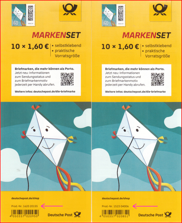 Folienblatt 116 – 160 Cent Briefdrachen – links mit der Produktnummer 1620 20155 aus einem DHL-Shop, rechts mit der Produktnummer 1523 04006 von einer Postfiliale gekauft Folienblatt 116 – 160 Cent Briefdrachen – links mit der Produktnummer 1620 20155 aus einem DHL-Shop, rechts mit der Produktnummer 1523 04006 von einer Postfiliale gekauft