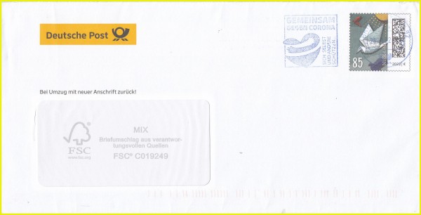 Plusbrief Din lang mit Fenster mit der 85 Cent Marke Brieftaube und dem Werbezudruck „Deutsche Post“ sowie nicht sichtbar auf der Rückseite mit Zudruckwerbung für den Plusbrief Individuell, entwertet am 28. Januar 2022 im Briefzentrum 92 Plusbrief Din lang mit Fenster mit der 85 Cent Marke Brieftaube und dem Werbezudruck „Deutsche Post“ sowie nicht sichtbar auf der Rückseite mit Zudruckwerbung für den Plusbrief Individuell, entwertet am 28. Januar 2022 im Briefzentrum 92