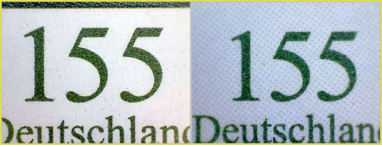 Bildausschnitt der Wertziffer 155 Cent und des Landesnamens - links die echte Marke, rechts die Fälschung mit dem zusätzlichen gelben Punktraster besonders auffällig im weißen Bereich