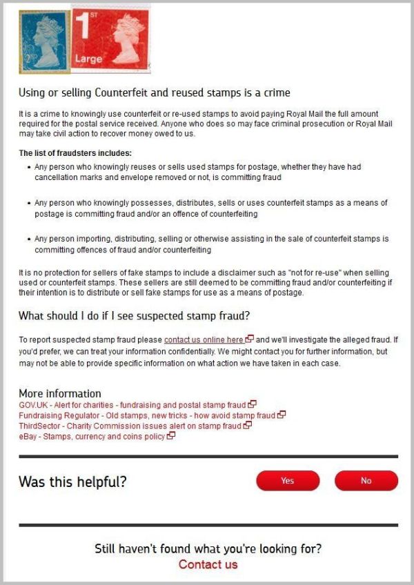 Teilausschnitt der Webseite der Royal Mail zum Thema gefälschte und wiederverwendete Briefmarken