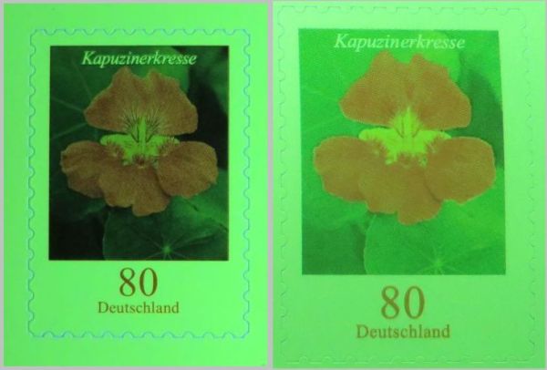 Der Vergleich unter UV mit 365 Nanometer, links die echte Marke, rechts die Fälschung Der Vergleich unter UV mit 365 Nanometer, links die echte Marke, rechts die Fälschung