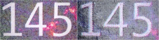Vergleich des Drucks der Wertziffer, links die echte Marke mit weißen Hintergrund und rechts die Fälschung mit ergänzenden Farbpixeln Vergleich des Drucks der Wertziffer, links die echte Marke mit weißen Hintergrund und rechts die Fälschung mit ergänzenden Farbpixeln