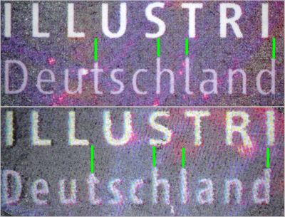 Ein Vergleich der Schrift – oben die echte Marke, unten die Fälschung jeweils mit grünen Hilfslinien gekennzeichnet Ein Vergleich der Schrift – oben die echte Marke, unten die Fälschung jeweils mit grünen Hilfslinien gekennzeichnet