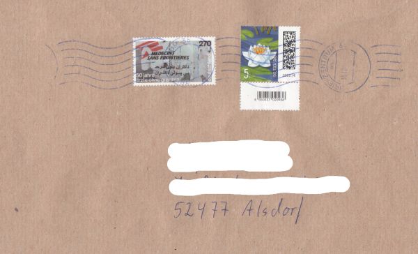 Testbrief einer Mischfrankautur aus dem Bereich des Briefzentrums 35. Die Fälschung wurde nicht erkannt und sauber mit einem Handrollstempel entwertet Testbrief einer Mischfrankautur aus dem Bereich des Briefzentrums 35. Die Fälschung wurde nicht erkannt und sauber mit einem Handrollstempel entwertet
