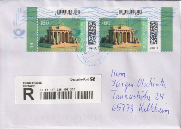 Portogerechte Doppelfrankatur der nassklebenden Briefmarke 160 Cent Brandenburger Tor als Einwurf-Einschreiben-Standardbrief (Einwurf 235 Cent + 85 Cent Brief = 320 Cent Gesamtporto) mit Ortsstempel 65760 Eschborn 2.11.2023. Der Brief ging im Briefzentrum 65 noch einmal durch die ILBO (Tintenstrahlentwertung) und wurde am 3.11.2023 zugestellt Portogerechte Doppelfrankatur der nassklebenden Briefmarke 160 Cent Brandenburger Tor als Einwurf-Einschreiben-Standardbrief (Einwurf 235 Cent + 85 Cent Brief = 320 Cent Gesamtporto) mit Ortsstempel 65760 Eschborn 2.11.2023. Der Brief ging im Briefzentrum 65 noch einmal durch die ILBO (Tintenstrahlentwertung) und wurde am 3.11.2023 zugestellt