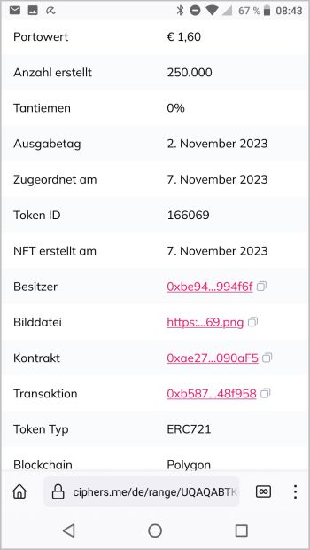 Bildschirmfoto von dem eben gezeigten Ersttagsbrief vom 3.11.2023 mit einem Teil der Anmeldungsdaten des NFT vom 7. November 2023. In Rot sind hier die speziellen Daten der Besitzerkennung, der zugehörigen Bilddatei, des Kontrakts und der Transaktionsdaten zu sehen Bildschirmfoto von dem eben gezeigten Ersttagsbrief vom 3.11.2023 mit einem Teil der Anmeldungsdaten des NFT vom 7. November 2023. In Rot sind hier die speziellen Daten der Besitzerkennung, der zugehörigen Bilddatei, des Kontrakts und der Transaktionsdaten zu sehen