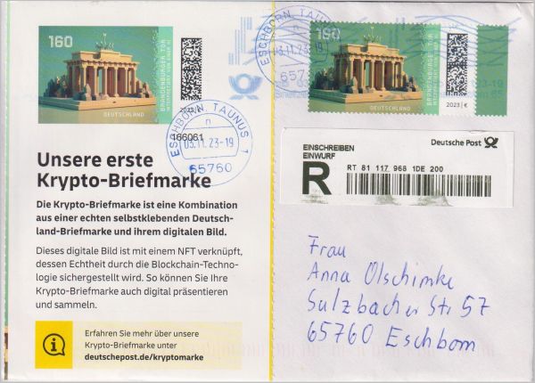 Portogerechte Mischfrankatur vom ersten Tag (03.11.2023) der selbstklebenden Kryptomarke zusammen mit der nassklebenden Marke die einen Tag vorher ihren richtigen Ersttag (02.11.2023) hatte. Der Beleg ist im Briefzentrum mittels des ILBO Systems per Tintenstrahl um 21 Uhr erneut entwertet worden. Portogerechte Mischfrankatur vom ersten Tag (03.11.2023) der selbstklebenden Kryptomarke zusammen mit der nassklebenden Marke die einen Tag vorher ihren richtigen Ersttag (02.11.2023) hatte. Der Beleg ist im Briefzentrum mittels des ILBO Systems per Tintenstrahl um 21 Uhr erneut entwertet worden.