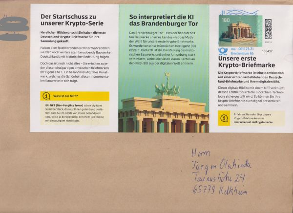 Umschlag frankiert mit einem kompletten Innenteil des Markenheftchens, die vierte Seite wurde an der Kande nach hinten geklebt. Der Brief wurde am 6. November 2023 im Briefzentrum 65 in der GSA mittels Tintenstrahlentwertung gestempelt