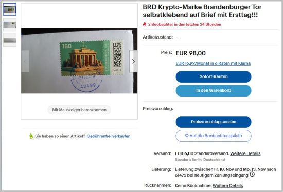 Bildschirmfoto von einem Ebay-Verkäufer, der hier einen Beleg mit eindeutig rückdatierten Stempel aus 42499 Hückelwagen anbietet und später auch verkauft hat! Der Beweis war über den Matrixcode beziehungsweise die Basissendungsverfolgung eindeutig Bildschirmfoto von einem Ebay-Verkäufer, der hier einen Beleg mit eindeutig rückdatierten Stempel aus 42499 Hückelwagen anbietet und später auch verkauft hat! Der Beweis war über den Matrixcode beziehungsweise die Basissendungsverfolgung eindeutig