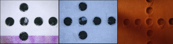 Die Schleifperforation, einmal von vorne, sowie zweimal von hinten mit unterschiedlicher Beleuchtung, um die entsprechenden Spuren besser zeigen zu können