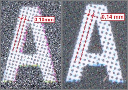 Hier sieht man links einen Ausschnitt des Buchstabens „A“ vom Wort Hans bei 160 + 55 Cent mit dem engen Abstand 0,10 Millimeter und rechts beim selben Ausschnitt der Fälschung mit dem breiteren Abstand 0,14 Millimeter. Hier sieht man links einen Ausschnitt des Buchstabens „A“ vom Wort Hans bei 160 + 55 Cent mit dem engen Abstand 0,10 Millimeter und rechts beim selben Ausschnitt der Fälschung mit dem breiteren Abstand 0,14 Millimeter.
