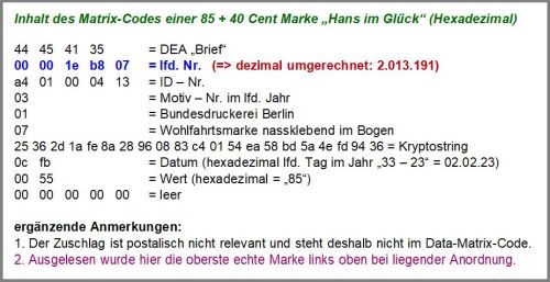 Der Inhalt des Datamatrixcodes einer echten Marke 85 + 40 Cent in hexadezimaler Darstellung Der Inhalt des Datamatrixcodes einer echten Marke 85 + 40 Cent in hexadezimaler Darstellung
