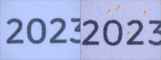 Links die echte Jahreszahl bei der Insel Mainau ohne gelbe Punkte im Hintergrund, rechts die Fälschung mit den gelben Hintergrundpunkten (einige davon sind mit roten Pfeilen gekennzeichnet).