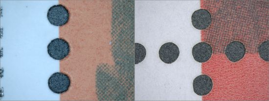 Im Vergleich hier die Vorderseite der Brecht Marke, links die echte Marke und rechts die Fälschung mit den etwas unrunden Löchern