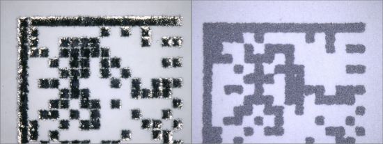 Der Matrixcodevergleich der Insel Mainau, links wieder die echte Marke mit einem glänzenden erhabenen Aufdruck, rechts, die Fälschung mit einer matten schwarzen Fläche