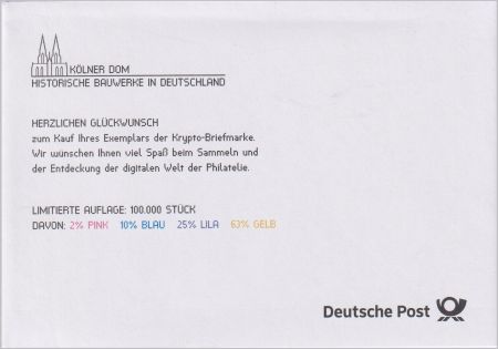  Vorderseite des weißen versiegelten Umschlags, in dem sich ein Markenheftchen Kölner Dom befindet