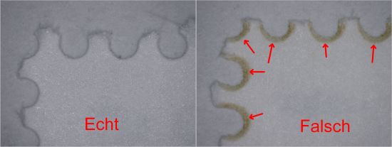 Ein Vergleich der Zähnung, links die echte Marke, rechts die Fälschung mit der typischen Braunfärbung einer Laserperforation