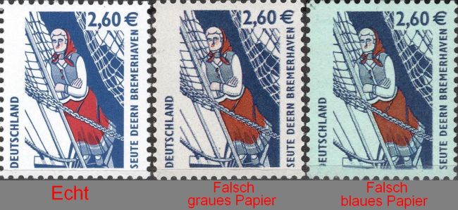 Links die echte Marke, in der Mitte die erste Fälschung auf grauen Papier, rechts die Fälschung auf blauen Papier