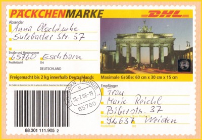Die neue Päckchenmarke mit dem interessanten Motiv Brandenburger Tor aus der Frühzeit echt gelaufen