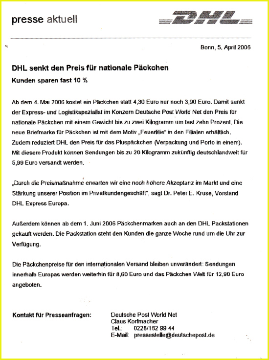 Presseankündigung, für die Preissendung des Päckchenentgelts zum 4. Mai 2006