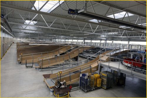 Innenansicht der mechanisierten Zustellbasis Hattersheim (Foto Bernd Georg) erkennbar sind links die entsprechenden Endstellen für die jeweiligen Bezirke. Diese können noch bis fast zum Tor ausgefahren werden, so dass der Einladevorgang möglichst effektiv erfolgt. Innenansicht der mechanisierten Zustellbasis Hattersheim (Foto Bernd Georg) erkennbar sind links die entsprechenden Endstellen für die jeweiligen Bezirke. Diese können noch bis fast zum Tor ausgefahren werden, so dass der Einladevorgang möglichst effektiv erfolgt.