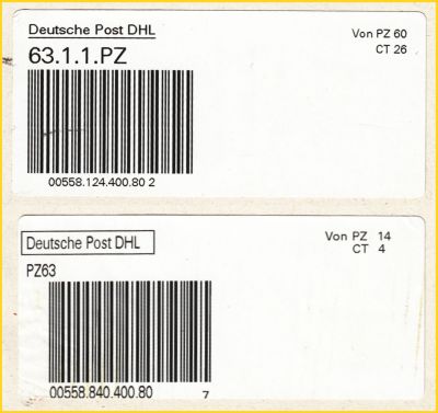 Zwei Leitcodelabel - oben ein neur vom PZ 60 für das PZ 63 (Rodgau) für ein Päckchen ins Ausland, unten zum Vergleich auch ein Leitcodelabel hier allerdings vom PZ 14 ans PZ 63 (auch für ein Päckchen ins Ausland)