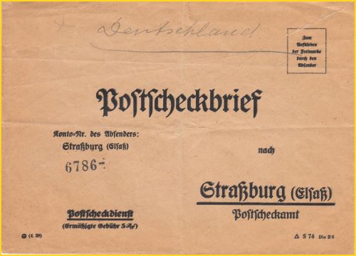 Ein Postgirobrief ans Postgiroamt Strassburg im El Ein Postgirobrief ans Postgiroamt Strassburg im El