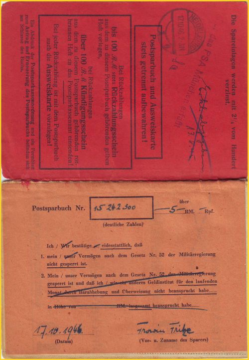 Die ersten beiden Innenseiten eines Postsparbuches aus der amerikanischen Zone mit zusätzlichem Notzettel zum Hinweis, dass das Vermögen laut dem Gesetzt Nr. 32 der Militärregierung nicht gesperrt ist sowie entsprechendem Tagesstempel vom 17. Oktober 1946 aus Heidelberg Die ersten beiden Innenseiten eines Postsparbuches aus der amerikanischen Zone mit zusätzlichem Notzettel zum Hinweis, dass das Vermögen laut dem Gesetzt Nr. 32 der Militärregierung nicht gesperrt ist sowie entsprechendem Tagesstempel vom 17. Oktober 1946 aus Heidelberg