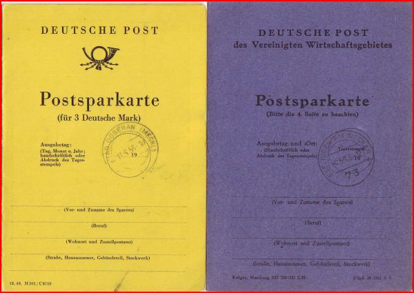 Zwei Beispiele für die Vielfalt der Postsparkarten zumindest von vorne - die erste von der Deutschen Post (DDR) mit Druckvermerk 12.48 und rechts eine von der Deutschen Post des Vereinigten Wirtschaftsgebietes mit Druckvermerk 2.49 Zwei Beispiele für die Vielfalt der Postsparkarten zumindest von vorne - die erste von der Deutschen Post (DDR) mit Druckvermerk 12.48 und rechts eine von der Deutschen Post des Vereinigten Wirtschaftsgebietes mit Druckvermerk 2.49