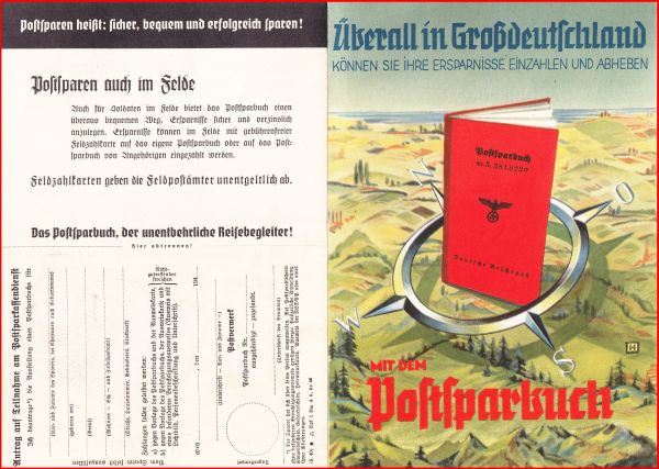 Die farbige Rückseite des Werbeflyers - rechts mit Werbung, das das Sparbuch in ganz Großdeutschland nutzbar ist, links das es sogar im Felde (Krieg) unterwegs nutzbar ist ! Die farbige Rückseite des Werbeflyers - rechts mit Werbung, das das Sparbuch in ganz Großdeutschland nutzbar ist, links das es sogar im Felde (Krieg) unterwegs nutzbar ist !