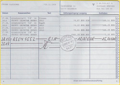 Beispiel für eine der wenigen Fälle, wo heute noch im Postsparbuch der Tagesstempelabschlag genutzt wird, dies ist bei der Feldpost der Bundeswehr der Fall - hier eine Quittierung einer Einzahlung im Feldpostlager Beispiel für eine der wenigen Fälle, wo heute noch im Postsparbuch der Tagesstempelabschlag genutzt wird, dies ist bei der Feldpost der Bundeswehr der Fall - hier eine Quittierung einer Einzahlung im Feldpostlager