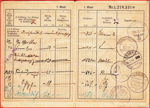 Passend zur Werbung folgt nun eine Kopie einer Seite eines Postsparbuches, das tatsächlich im Felde beim Feldpostamt 735 am 3.4.1942 benutzt wurde - ein Postsparbuch kann also ein interessantes Zeitdokument sein ! Passend zur Werbung folgt nun eine Kopie einer Seite eines Postsparbuches, das tatsächlich im Felde beim Feldpostamt 735 am 3.4.1942 benutzt wurde - ein Postsparbuch kann also ein interessantes Zeitdokument sein !