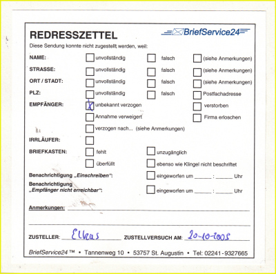 Redresszettel von BriefService24 aus Stankt Augustin bei Bonn mit 24 verschiedenen Optionen zum Ankreuzen im Format 105 mal 105 Millimeter Redresszettel von BriefService24 aus Stankt Augustin bei Bonn mit 24 verschiedenen Optionen zum Ankreuzen im Format 105 mal 105 Millimeter