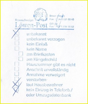 Retourenstempel der Braunschweiger Löwen-Post mit 12 verschiedenen Optionen zur Auswahl aus dem Jahr 2003 Retourenstempel der Braunschweiger Löwen-Post mit 12 verschiedenen Optionen zur Auswahl aus dem Jahr 2003