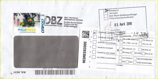 Retourensendung, abgeschickt über Citipost Göttingen, verschiedene weitere Vermerke, datrunter ein Retourenzettel mit Redresscode (Datamatrixcode) sowie 19 Optionen zum ankreuzen aus dem Jahr 2019 Retourensendung, abgeschickt über Citipost Göttingen, verschiedene weitere Vermerke, datrunter ein Retourenzettel mit Redresscode (Datamatrixcode) sowie 19 Optionen zum ankreuzen aus dem Jahr 2019
