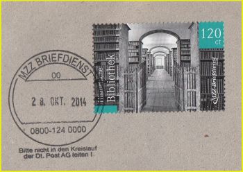 Frankierausschnitt vom MZZ-Briefdienst aus Halle (Saale), Marke entwertet mit Handstempel am 28. Oktober 2014 mit Zusatz „Bitte nicht in den Kreislauf der Dr. Post AG leiten!“ Frankierausschnitt vom MZZ-Briefdienst aus Halle (Saale), Marke entwertet mit Handstempel am 28. Oktober 2014 mit Zusatz „Bitte nicht in den Kreislauf der Dr. Post AG leiten!“