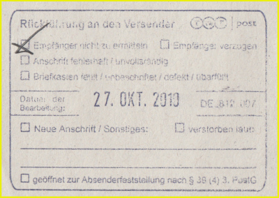 Nebenstempel von TNT mit der Option „Öffnung der Postsendung zur Absenderfeststellung“ Nebenstempel von TNT mit der Option „Öffnung der Postsendung zur Absenderfeststellung“
