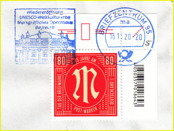 Aussschnitt vom Ersttag (16.11.2020) des Versuchs mit der blauen Stempelfarbe im BZ 95 für Metallstempel, egal ob Handstempel, Handrollstempel oder Maschinenstempel (ölhaltige Stempelfarbe)