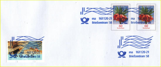 Frankierausschnitt eines C5-formatigen Briefes vom Ersttag der blauen farbe vom BZ 58, bei dem man gut das Cliping Verfahren im oberen Bereich erkennen kann (elektronisches Abschneiden des Stempelklischees)