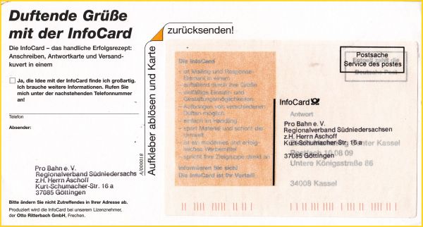 Infocard mit Eigenwerbung vom Direktmarketingcenter Kassel nach Göttingen gelaufen, hinten mit Ostergrüssen aus dem Jahr 1998